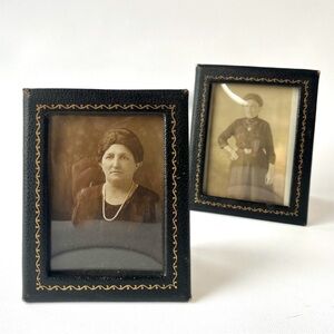 Antique Pair Leather Picture Frames w Old Photos Behind Glass Table Easel 1930s